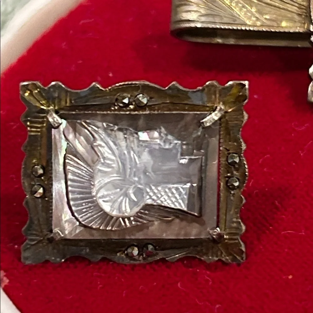 Vintage 40’s 800 silver cameo tie bar & cufflinks from the Cameos Factory Italy